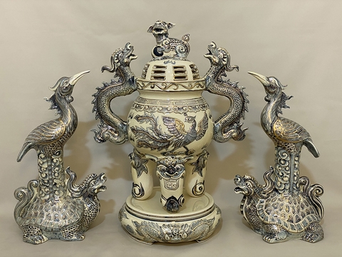 Bộ Đỉnh Hạc Gốm Chu Đậu Vẽ Vàng Kim RG-ĐHVK