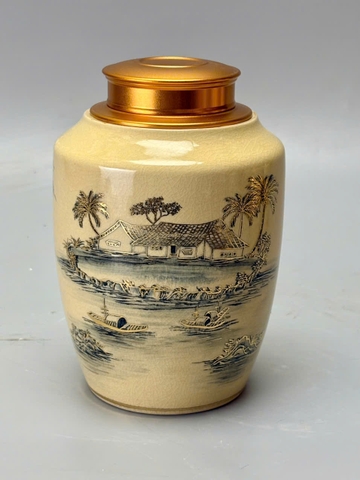 Hộp Đựng Trà Cảnh Làng Quê Cao 18cm Gốm Chu Đậu Vẽ Vàng