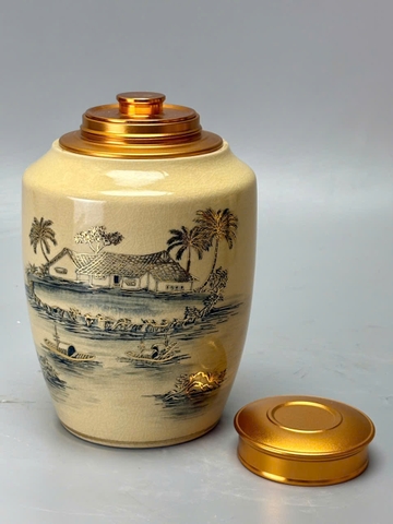 Hộp Đựng Trà Cảnh Làng Quê Cao 18cm Gốm Chu Đậu Vẽ Vàng