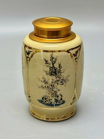 Hộp đựng trà tùng cúc trúc mai gốm Chu Đậu vẽ vàng