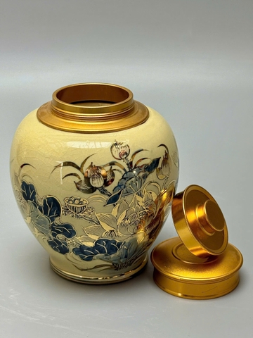Hũ đựng trà hoa sen gốm Chu Đậu vẽ vàng 24k