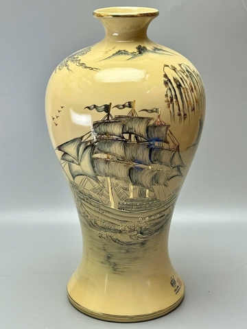 Mai bình thuận buồm xuôi gió công thành danh toại cao 60cm gốm Chu Đậu vẽ vàng 24k