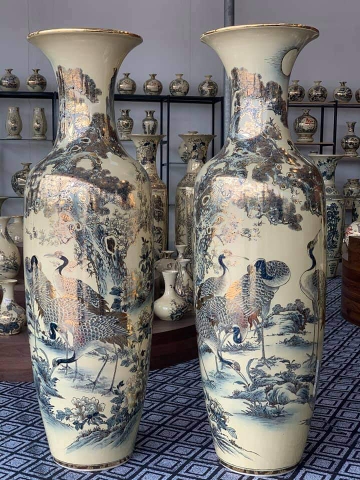 Lục Bình Tùng Hạc 1.75m Gốm Chu Đậu Vẽ Vàng 24K