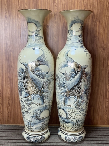 Lục bình lý ngư vọng nguyệt 1.68m gốm Chu Đậu vàng kim