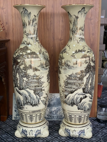 Lục bình sơn thủy hữu tình 1.55m gốm Chu Đậu vàng kim