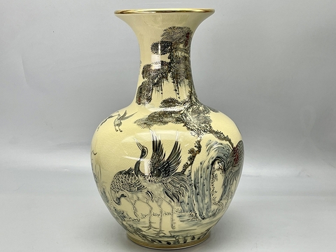 Bình Phú Quý Tùng Hạc H45 Gốm Chu Đậu Vẽ Vàng 24K