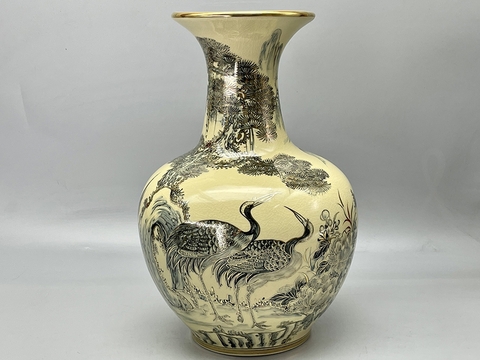 Bình Phú Quý Tùng Hạc H45 Gốm Chu Đậu Vẽ Vàng 24K