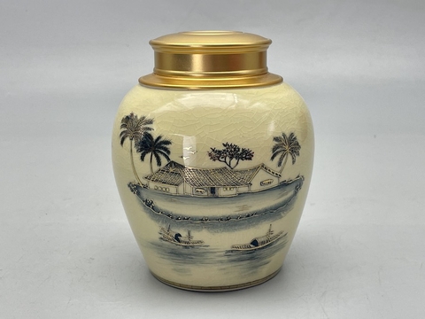 Hộp Đựng Trà Cảnh Đồng Quê Gốm Chu Đậu Vẽ Vàng