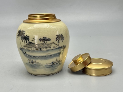 Hộp Đựng Trà Cảnh Đồng Quê Gốm Chu Đậu Vẽ Vàng