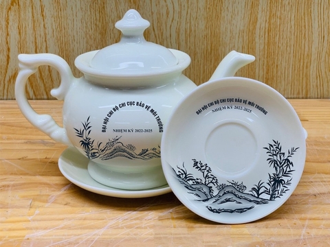 Bộ Ấm Chén In Logo Làm Quà Tặng Gốm Sứ Chu Đậu Truyền Thống
