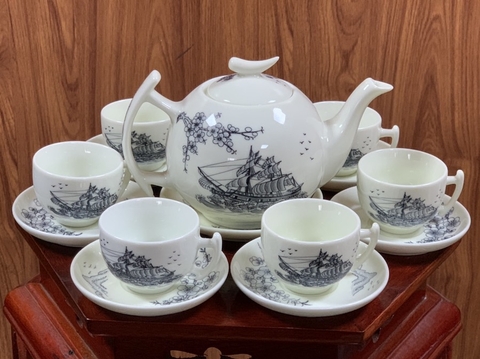 Bộ Ấm Chén In Logo Làm Quà Tặng Gốm Sứ Chu Đậu Truyền Thống