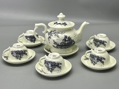 Bộ Ấm Trà Hoàng Hậu Hoạ Tiết Thuận Buồm Xuôi Gió Sứ Chu Đậu Truyền Thống