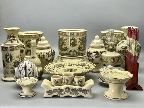 Bộ Đồ Thờ Gốm Chu Đậu Hoạ Tiết Rồng Vẽ Vàng Ban Thờ 1,57m x 61cm