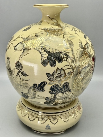 Bình Tích Lộc Cửu Ngư Hoa Sen H45 Gốm Chu Đậu Vàng Kim