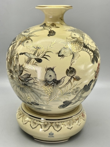 Bình Tích Lộc Cửu Ngư Hoa Sen H45 Gốm Chu Đậu Vàng Kim