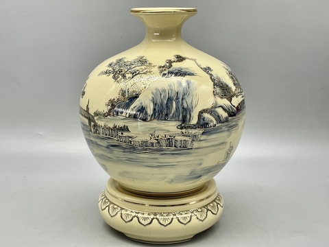 Bình Giọt Ngọc Cảnh Đồng Quê H30 Gốm Chu Đậu Vẽ Vàng