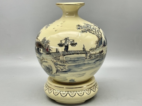 Bình Giọt Ngọc Cảnh Đồng Quê H30 Gốm Chu Đậu Vẽ Vàng