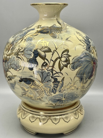 Bình Hút Lộc Cá Chép Hoa Sen Gốm Chu Đậu Vẽ Vàng