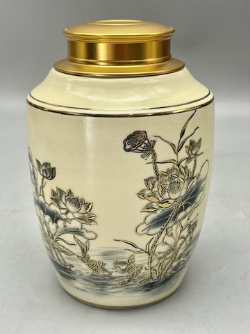 Hộp Đựng Trà Hoạ Tiết Hoa Sen H18 Gốm Chu Đậu Vẽ Vàng