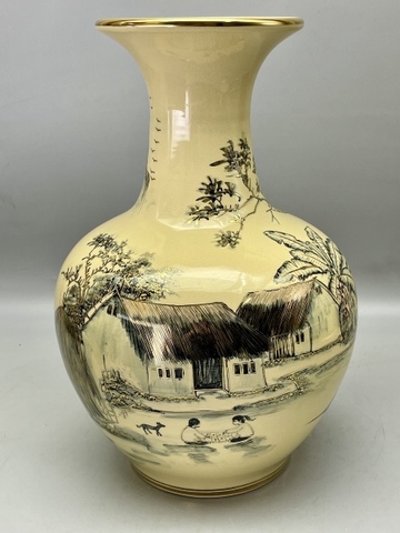 Bình Phú Quý Cảnh Đồng Quê Gốm Chu Đậu Vẽ Vàng