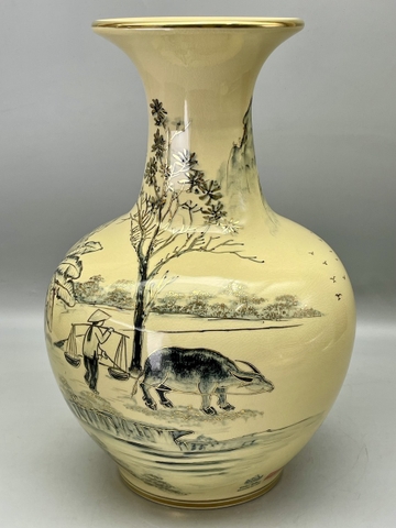 Bình Phú Quý Cảnh Đồng Quê Gốm Chu Đậu Vẽ Vàng