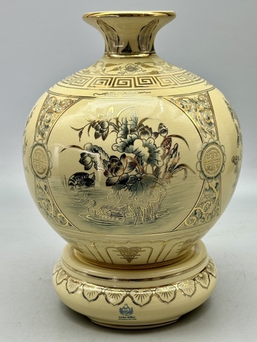 Bình Hút Lộc Tứ Cảnh H30 Gốm Chu Đậu Vẽ Vàng