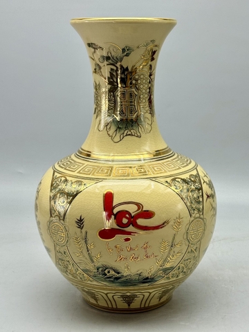 Bình Phú Quý Tứ Cảnh Chữ Lộc H35 Gốm Chu Đậu Vẽ Vàng