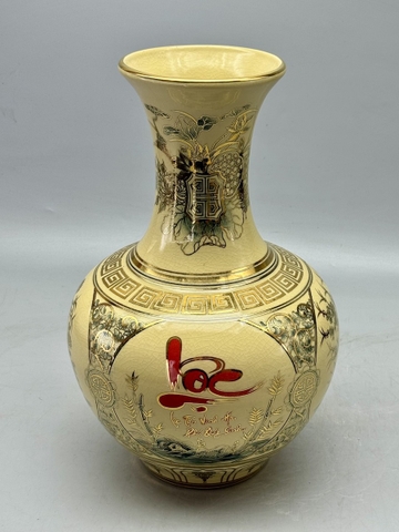 Bình Phú Quý Tứ Cảnh Chữ Lộc H35 Gốm Chu Đậu Vẽ Vàng