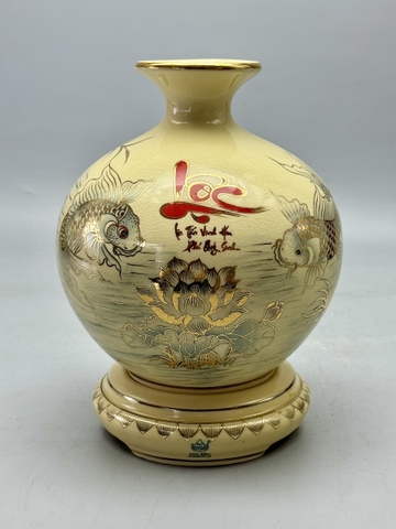 Bình Hút Lộc Cá Chép Hoa Sen Chữ Phúc H25 Gốm Chu Đậu Vẽ Vàng