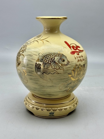 Bình Hút Lộc Cá Chép Hoa Sen Chữ Phúc H25 Gốm Chu Đậu Vẽ Vàng