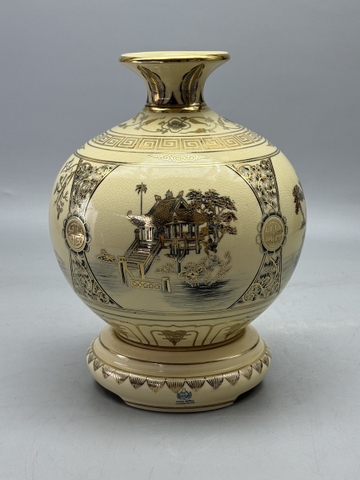 Bình Hút Lộc Tứ Cảnh Hà Nội H25 Gốm Chu Đậu Vẽ Vàng