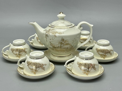 Bộ Ấm Trà Thần Đèn Thuận Buồm Xuôi Gió Gốm Chu Đậu Vẽ Vàng