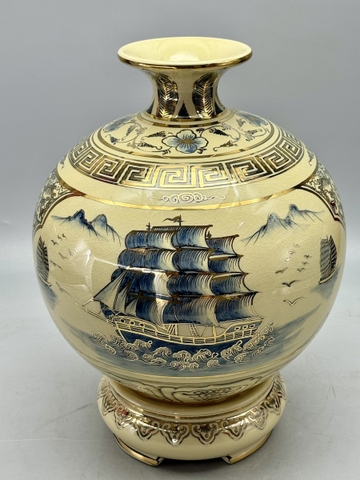 Bình Hút Lộc Nhị Cảnh Thuận Buồm Xuôi Gió Công Đào H35 Gốm Chu Đậu Vẽ Vàng