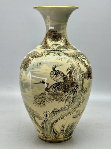 Bảo Bình Cảnh Tùng Hạc H52 Gốm Chu Đậu Vẽ Vàng