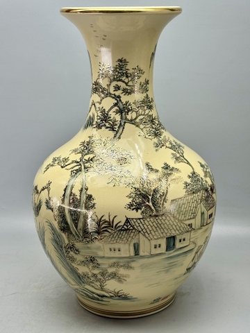 Bình Phú Quý Cảnh Đồng Quê H65 Gốm Chu Đậu Vẽ Vàng