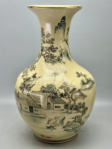 Bình Phú Quý Cảnh Đồng Quê H65 Gốm Chu Đậu Vẽ Vàng