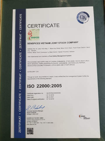 Iso 22000:2005 certificate