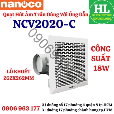 Nanoco - Quạt hút âm trần dùng ống dẫn NCV2020-C 18W, NANOCO