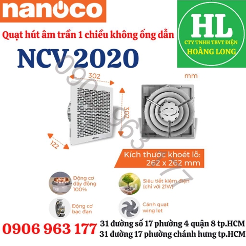 NANOCO - QUẠT HÚT ÂM TRẦN NCV2020 21W 1 CHIỀU KHÔNG ỐNG DẪN