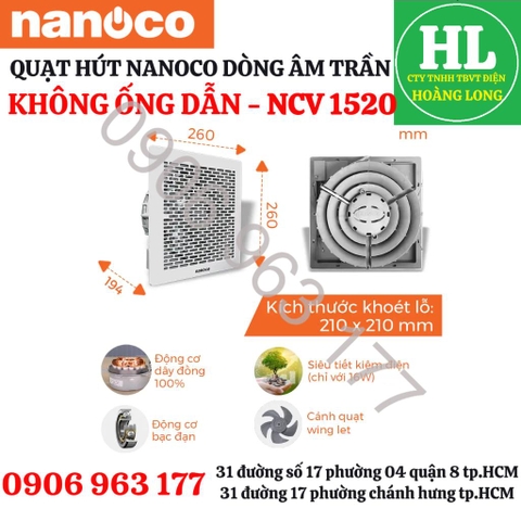 QUẠT HÚT NANOCO ÂM TRẦN NCV1520 KHÔNG ỐNG DẪN