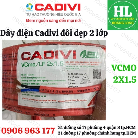 Dây điện CADIVI đôi mềm 2 vỏ VCmo 2X1.5, 2X2.5
