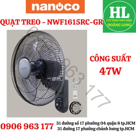 QUẠT TREO REMOTE NANOCO 47W NWF1615RC-GR MÀU GHI SỬ DỤNG BẠC ĐẠN