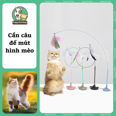 Đồ chơi cần câu mèo dính sàn, cần câu mèo đế mút, đồ chơi tự tương tác cho mèo thú cưng