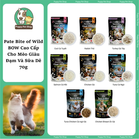 Pate Bite of Wild BOW Cao Cấp Cho Mèo Giàu Đạm Và Sữa Dê 70g