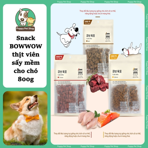 Viên Thịt Bò, Gà & Cá Hồi cho Chó Bowwow Cube Jerky Snack siêu to 800g