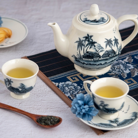 BỘ TRÀ CÁT TƯỜNG VẼ ĐỒNG QUÊ GỐM CHU ĐẬU