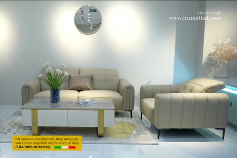 Bộ Sofa văng da bò nhập khẩu Full 100% da bò Divano S3208 dài 2,05m màu kem