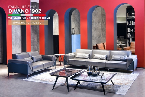 Bộ Sofa văng da bò nhập khẩu Full 100% da bò Divano S1902 dài 2,2m màu Xám Dark Grey
