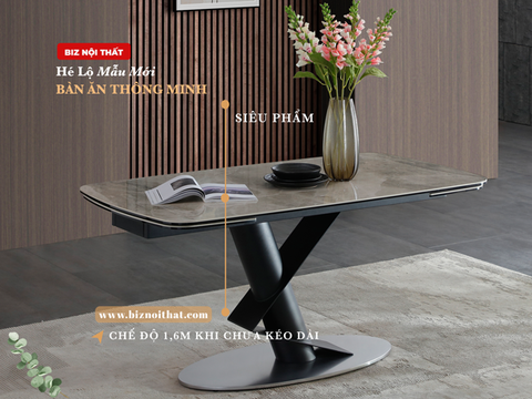 Bàn ăn thông minh kéo dài từ 1,6m đến 2,2m mặt đá Ceramic-1125T thương hiệu Biz Nội Thất