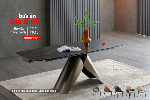 Bàn ăn thông minh kéo dài từ 1,8m đến 2,4m mặt đá Ceramic-1826T thương hiệu Biz Nội Thất